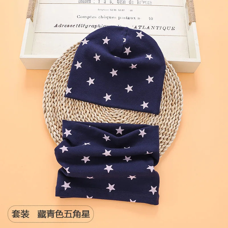 Autumn Winter Cotton Knit Children's Hat Collar 2 Set Boys and Girls Hats Set Baby Solid Color Scarf Cap two-piece