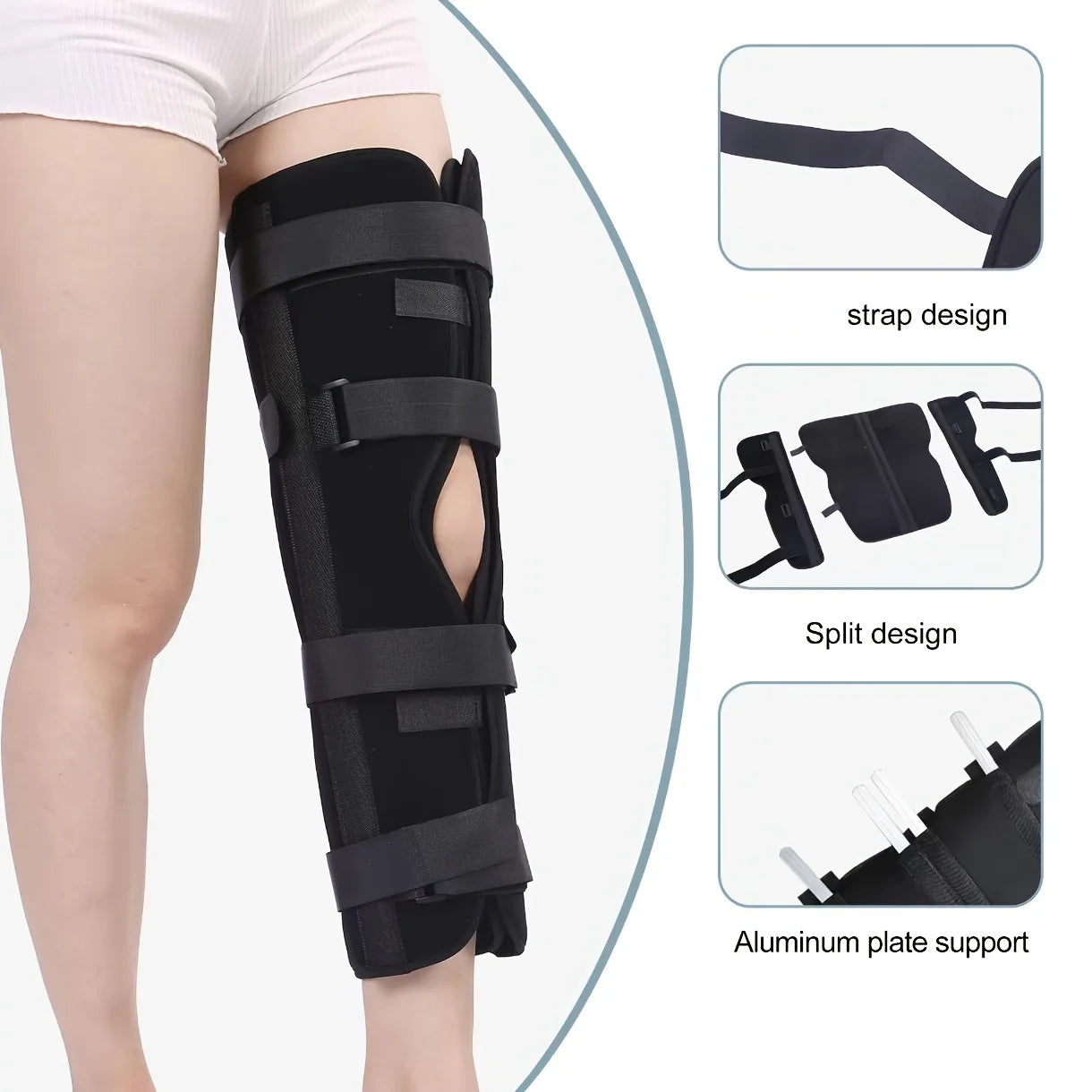 Adjustable Knee Ligament And Meniscus Stabilizer with a Long Leg Support Strap, Featuring Plates And a Buckle Closure