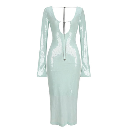 Elegant Deep V Sequin Long Sleeve Party Dress for Women Backless Lace Up Midi Dress Ankle Length Evening Dress Formal Gown Wear