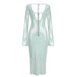 Elegant Deep V Sequin Long Sleeve Party Dress for Women Backless Lace Up Midi Dress Ankle Length Evening Dress Formal Gown Wear