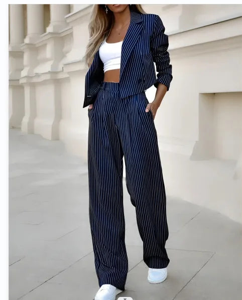 Women's Casual Striped Short Lapel Suit And Straight Pants Suit Conjuntos Femininos Elegantes Women's Pantsuit New Matching Sets