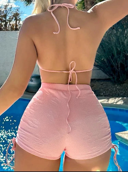 Special Fabric Neck Hanging Sexy Pink Swimsuit 2 Piece Set Halter Bikini Top Knot On The Edge Bikini Bottom 2025 Bathing Suit