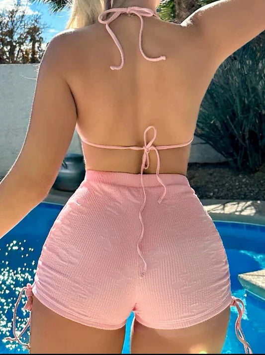 Special Fabric Neck Hanging Sexy Pink Swimsuit 2 Piece Set Halter Bikini Top Knot On The Edge Bikini Bottom 2025 Bathing Suit
