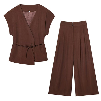 TFMLN Fashion Women's Trouser Suits Sleeveless V-Neck Top With Belt Straight Pants Sets 2025 Spring Summer Commuter 2 Piece Set