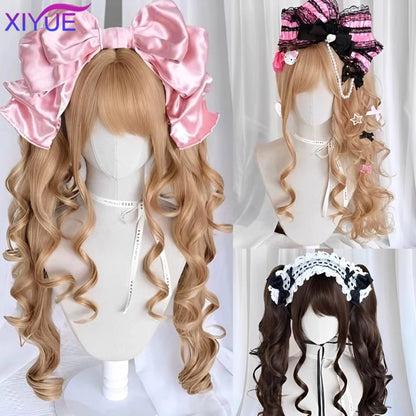 Synthetic Princess Cut Double ponytail Lolita Wig with Bangs Girl Ombre Blonde brown Cosplay Halloween Harajuku wig