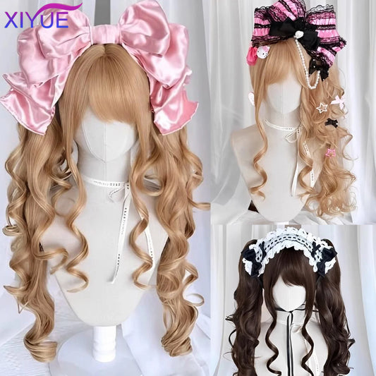 Synthetic Princess Cut Double ponytail Lolita Wig with Bangs Girl Ombre Blonde brown Cosplay Halloween Harajuku wig