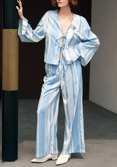 Two Piece Set Women Outfit Spring Autumn New Temperament Striped Long Sleeved Lace Up Shirt & Casual Straight Leg Pants Set