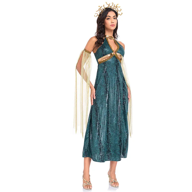 Women Retro Medusa Snake Costume With Headband Sexy Snake Demon Goddess Roleplay Long Slit Dress Halloween Cosplay Party Costume