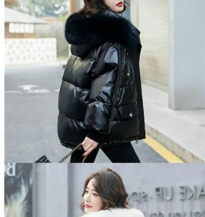 2025 Winter Fashion New Warm Duck Down Jacket Women's Clothes Glossy Fur collar Thicken Parka Short Down Coat Female Trend