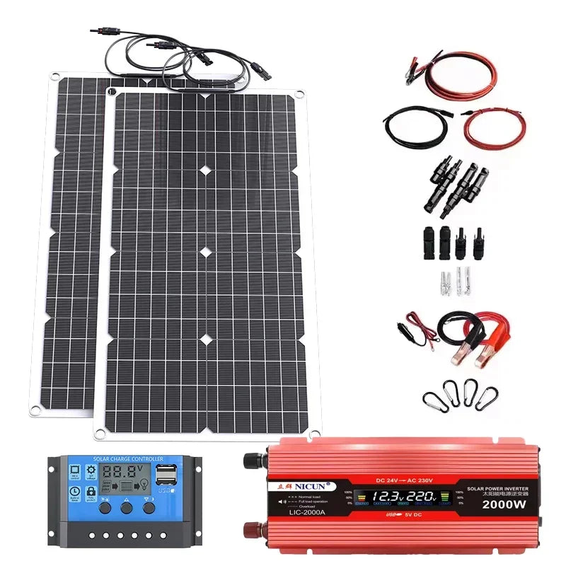 2000W Off-Grid Solar Complete Kit Power 100A Controller,110V 220V Inverter&10AH 30AH LiFePO4 Battery for Home/RV/Camping