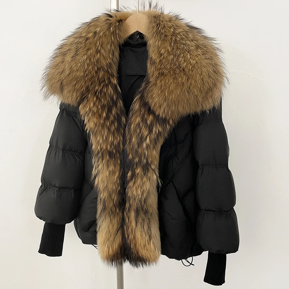 OFTBUY 2025 New Winter Large Real Raccoon Fur Puffer Coat Women Oversized Feather Down Parka Knit Sleeve White Duck Down Jacket