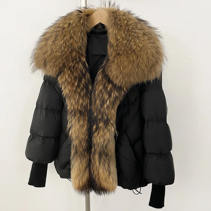 OFTBUY 2025 New Winter Large Real Raccoon Fur Puffer Coat Women Oversized Feather Down Parka Knit Sleeve White Duck Down Jacket