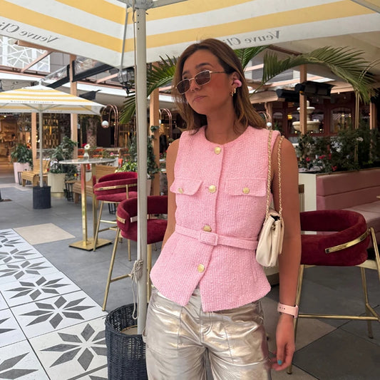 RAFZNB Fashion with Belt Waistcoat for Women Spring O Neck Sleeveless Single Breasted Slim Vest Casual Female Outerwear Chic Top