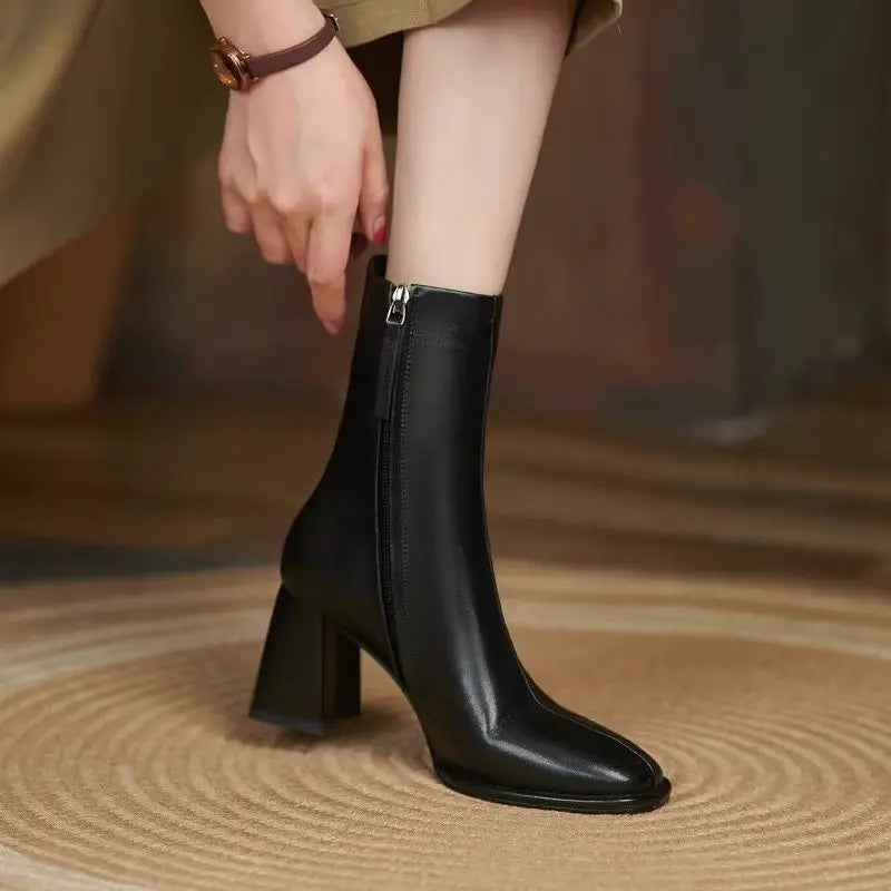 Leather Square Toe Heeled Booties Fleece-Lined Women's Ankle Boots Autumn Winter Female Short Shoes Trend 2025 on Offer Footwear