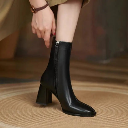 Leather Square Toe Heeled Booties Fleece-Lined Women's Ankle Boots Autumn Winter Female Short Shoes Trend 2025 on Offer Footwear