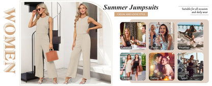 Bohemian Leaf Print Holiday Pants Set Round Neck Elegant Temperament Summer Sleeveless Top And Pants Hawaii Vacation Womenswear