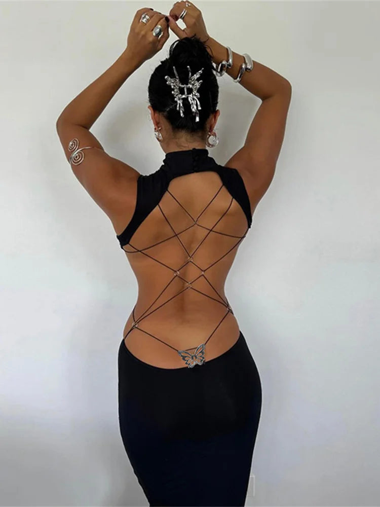 Nibber Cross Bandage Dress Women Y2K Butterfly Metal Hollow Backless Sleeveless Fitness Midnight Club Summer Vacation Bodyco