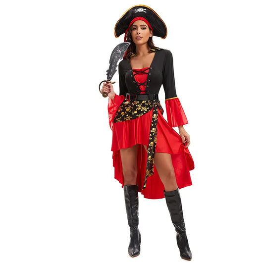 S-3XL Black Red Dress With Belt Pirate Hat Role Playing Cosplay Costume Halloween Women Sexy Underwear With Long Sleeves