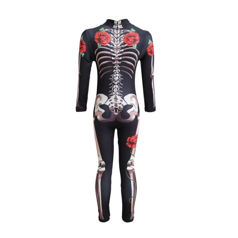 Girls Rose Skeleton Costume Ghost Bride Jumpsuit Halloween Printed Skeleton Dress Up Costume Ladies Scary Cosplay Costume