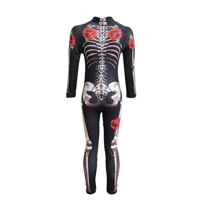 Girls Rose Skeleton Costume Ghost Bride Jumpsuit Halloween Printed Skeleton Dress Up Costume Ladies Scary Cosplay Costume