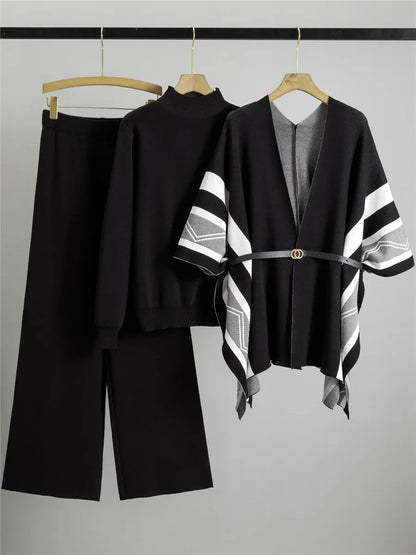 Korean Elegant Knitted 3 Piece Sets Women Sweater Pullover+chic Design Shawl Tops Conjuntos High Waist Wide Leg Pants Outfit New