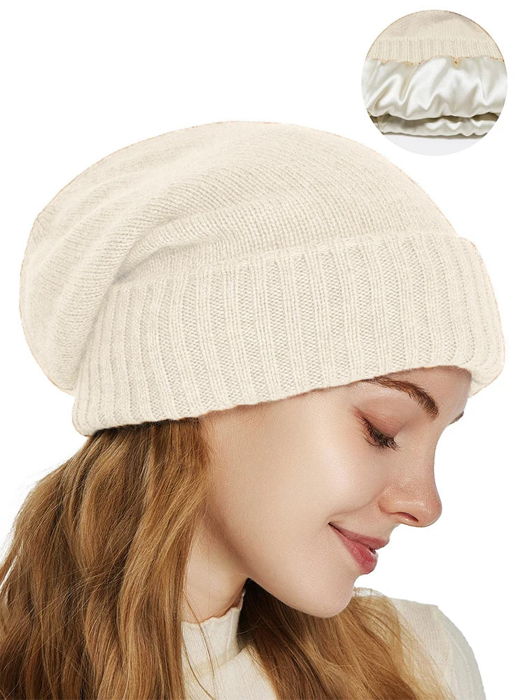 100%Cashmere Beanie Hat for Women's Winter Satin Lined Knitted Solid Skullies Cap Silk Lining Soft Warm Slouchy Bonnet