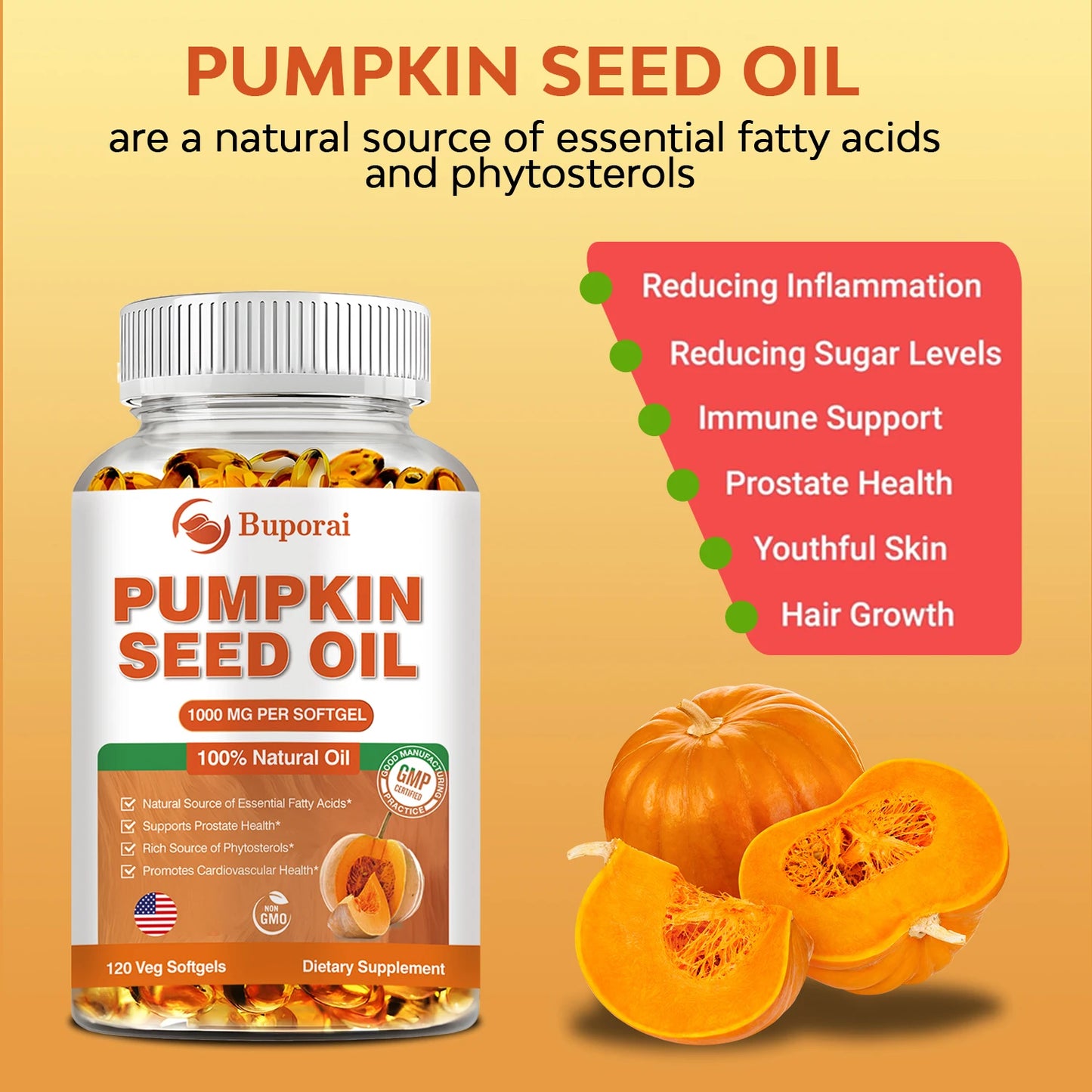 Pumpkin Seed Oil Capsules - Supports Prostate, Urinary Tract, Bladder Health, and Promotes Hair Growth