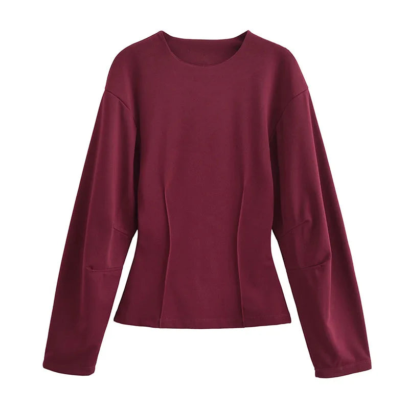 TRAFZA Women New Fashion Slimming 2-Piece Set Double-Sided Fabric O-Neck Long-Sleeve Top+Elegant Stretch Long Pants Female Suit