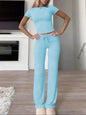 Summer Comfortable Casual Women's Home Sports Set 2025 New Fashionable Solid Color Slim Body Clothes + Trousers Two-piece Set