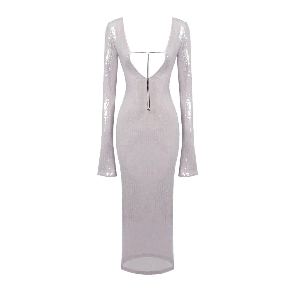 Elegant Deep V Sequin Long Sleeve Party Dress for Women Backless Lace Up Midi Dress Ankle Length Evening Dress Formal Gown Wear