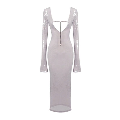 Elegant Deep V Sequin Long Sleeve Party Dress for Women Backless Lace Up Midi Dress Ankle Length Evening Dress Formal Gown Wear