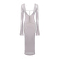Elegant Deep V Sequin Long Sleeve Party Dress for Women Backless Lace Up Midi Dress Ankle Length Evening Dress Formal Gown Wear