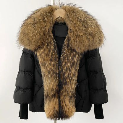 OFTBUY 2025 New Winter Large Real Raccoon Fur Puffer Coat Women Oversized Feather Down Parka Knit Sleeve White Duck Down Jacket