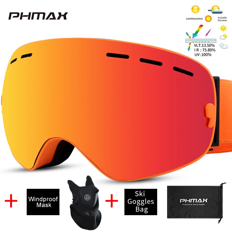 PHMAX Ski Goggles Men Snowboard Glasses Women Winter Outdoor Snow Sunglasses UV400 Double Layers Lens Anti-Fog Skiing Goggles