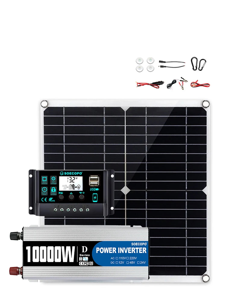 10000W Complete Solar Power Kit | 300W Panel + 100A Controller + 10000W Inverter 12V to 110V/220V Emergency Backup for Home,RV
