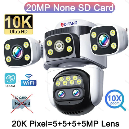 10K WiFi Cam 20MP Wireless Outdoor 10X Zoom Three Screen Four Lens 720° PTZ Automatic Tracking Waterproof Security Camera CCTV