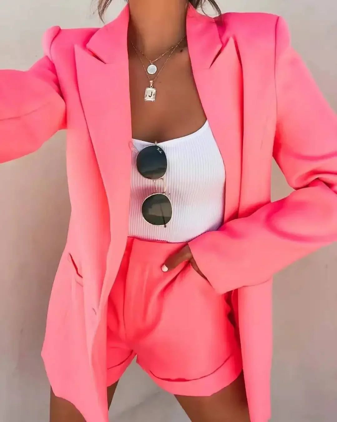 2025 Elegant Two Piece Blazer Suit Sets Women OL Office Sets Slim Cardigan Blazer Shorts Solid 2 Piece Set Casual Blazers Set
