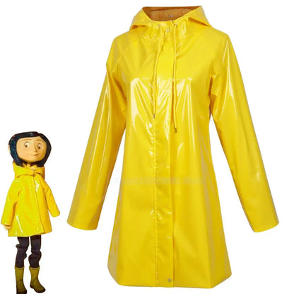 Horror Fairytale Movies Coraline Cosplay Costume Wig Size Halloween Party Scary Yellow Coat Secret Door Adult Kid Roleplay Suit