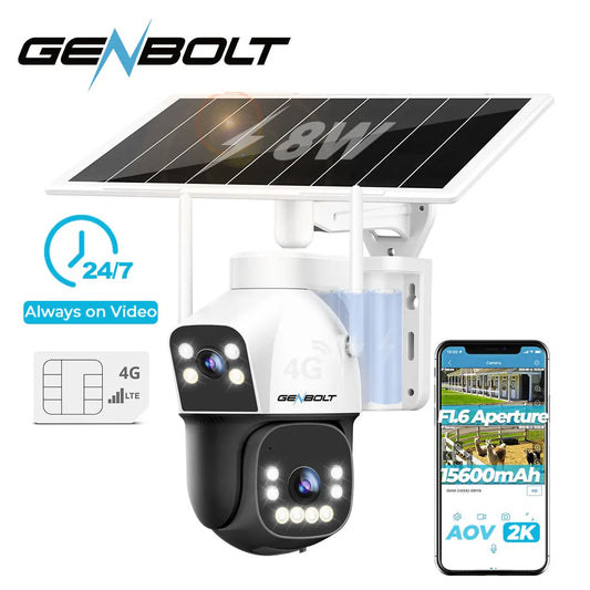 GENBOLT 4G Sim Camera Solar No WiFi Outdoor Dual Lens Spotlight Color Night Vision PIR Detection 8W 15600mAh Battery Home CCTV
