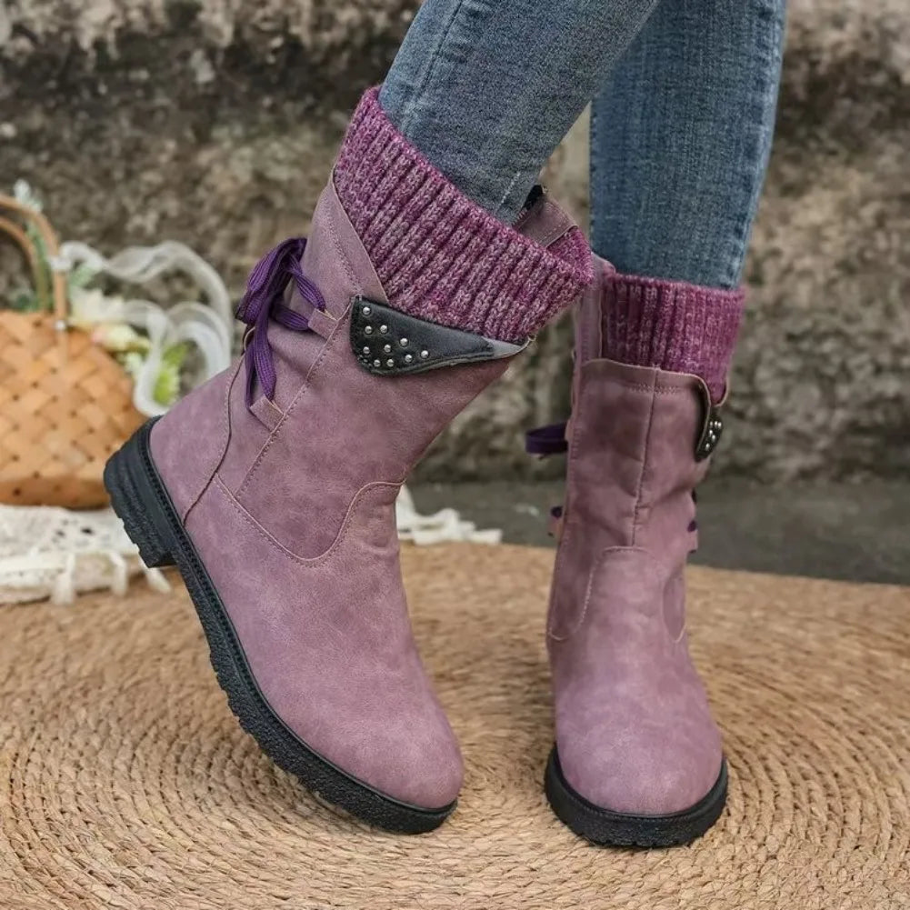 New Women Boots Autumn Winter New Knee High Shoes Large Tube Thick Heel Shoes for Women Strap Pleated Vintage Ankle Boots