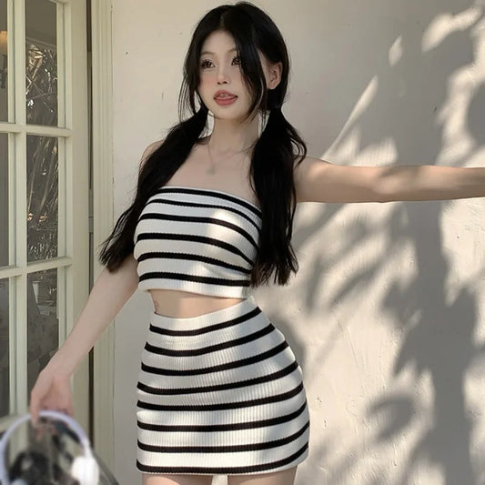 Women Summer Two Piece Set Women's Top Skirt Two Piece Set High WaistedSkirt Knitted Tube Top Stripe Casual Slim