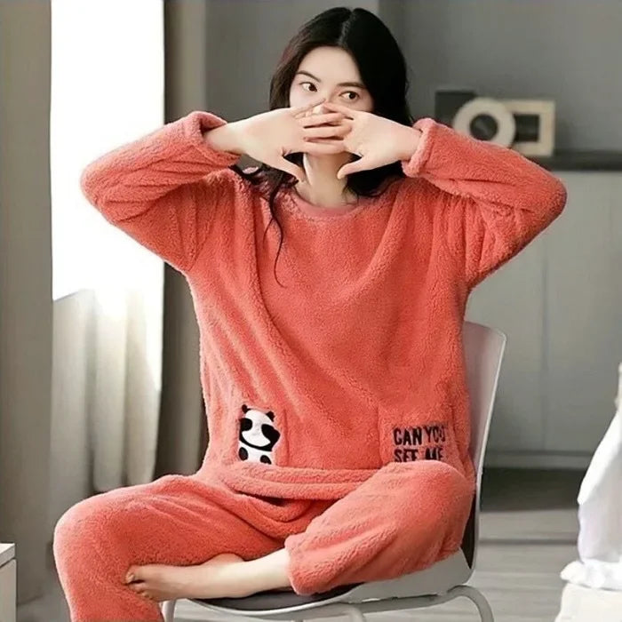 Warm Sleepwear for Winterthickened Warm Flannel Pajamas Student Long Sleeve Cartoon Ladies Loungewear Setpajamas Woman Offer