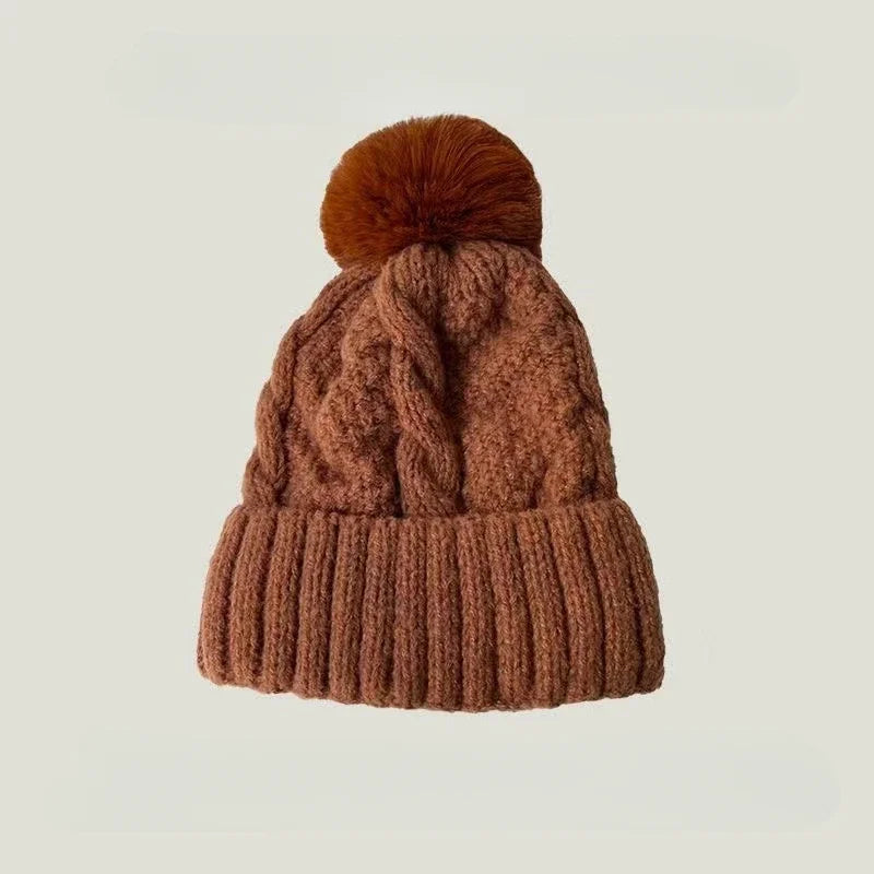 Winter Twist Knitting Hats Warm Fur Pompom Thick Plush Cap Beanies Solid Ladies Versatile Ski Snow Skullies Beanies Velvet Hat