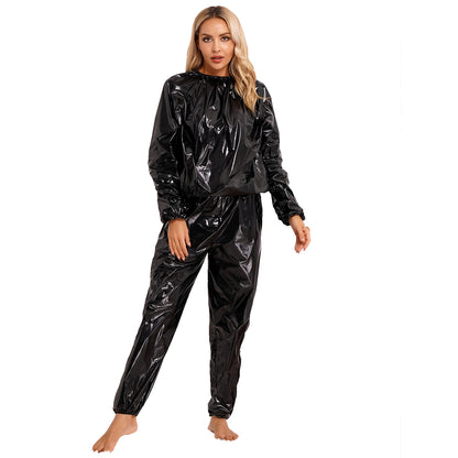 2Pcs Women Sauna Suit PVC Long Sleeve Elastic Cuff Top Pants Set Fitness Gym Workout Outfit Sweat Suits for Adults Clothes Sets
