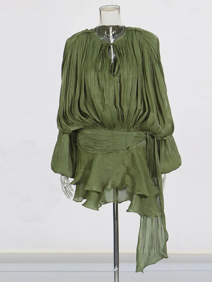 TWOTWINSTYLE Elegant Ruched Mini Dress For Women Round Neck Lantern Long Sleeve High Waist Temperament Dresses Female Fashion