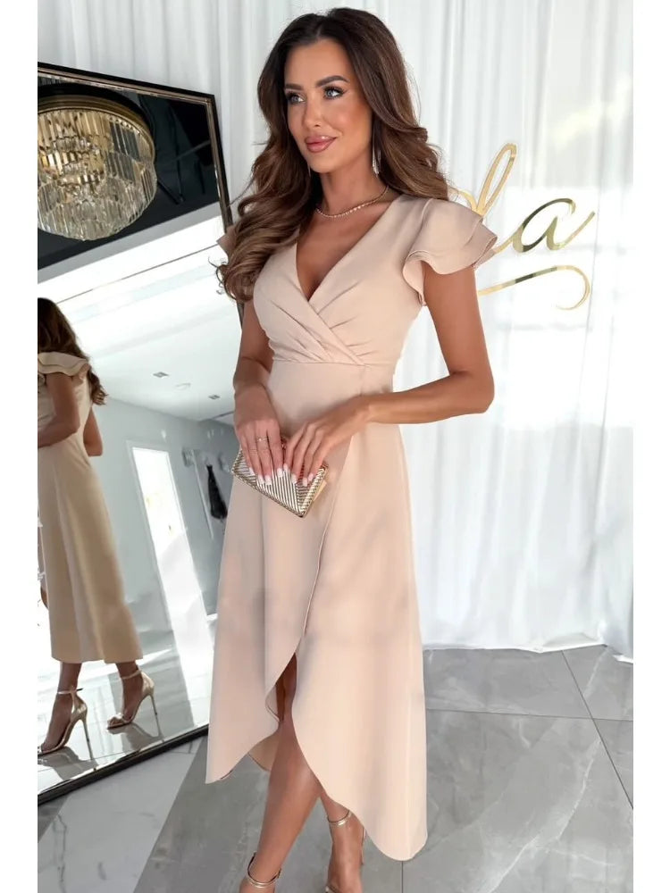 Women's Solid Color Dress Sexy Deep V Neck Short Sleeve Bodycon Package Hips Party Dresses Female Fashion Casual Dress