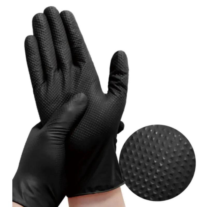 10/30/50PCS Heavy Duty Black Nitrile Gloves Disposable 8mil Industrial Raised Diamond Texture Gloves Mechanic Safety Work Gloves