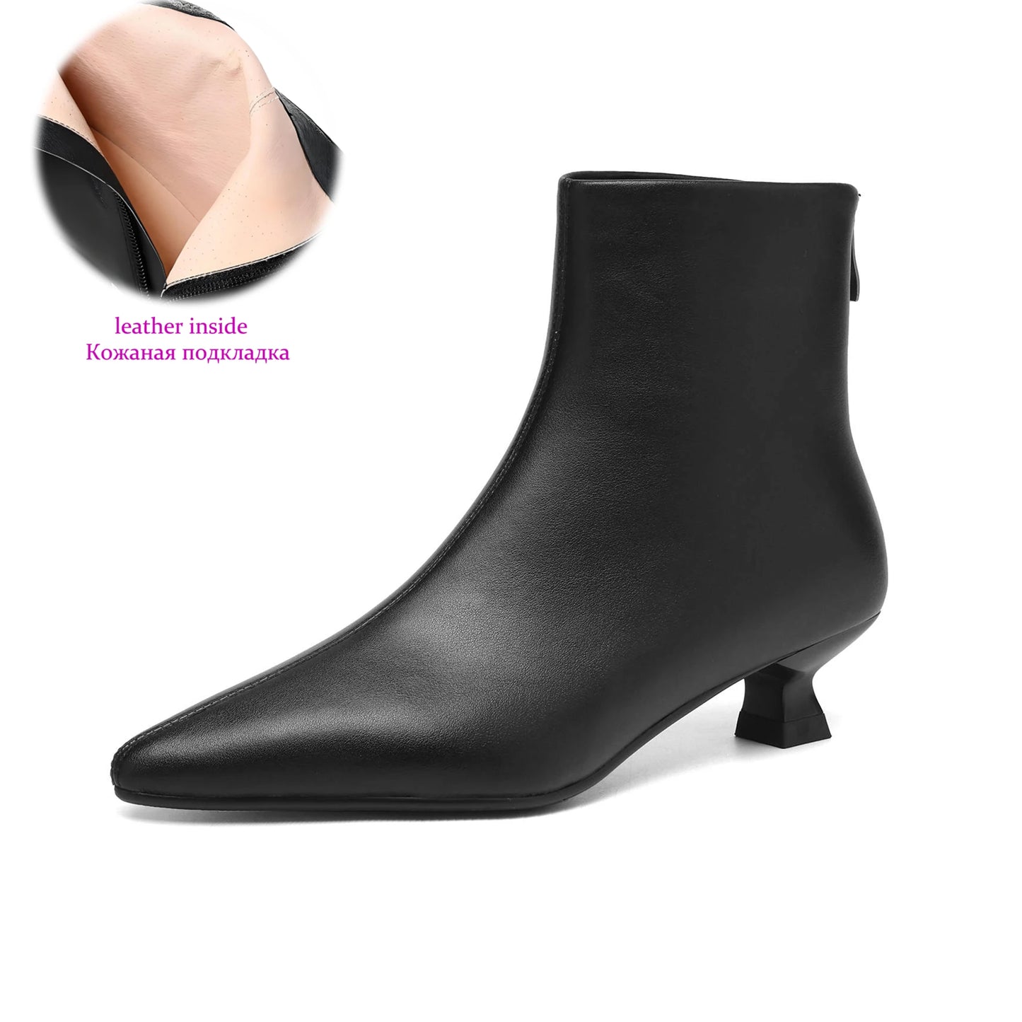 Plus Size 34-42 Genuine Leather Pointed Toe Med Heels Zipper Modern Boots Winter Autumn Shoes Concise Elegant Dress Ankle Boots
