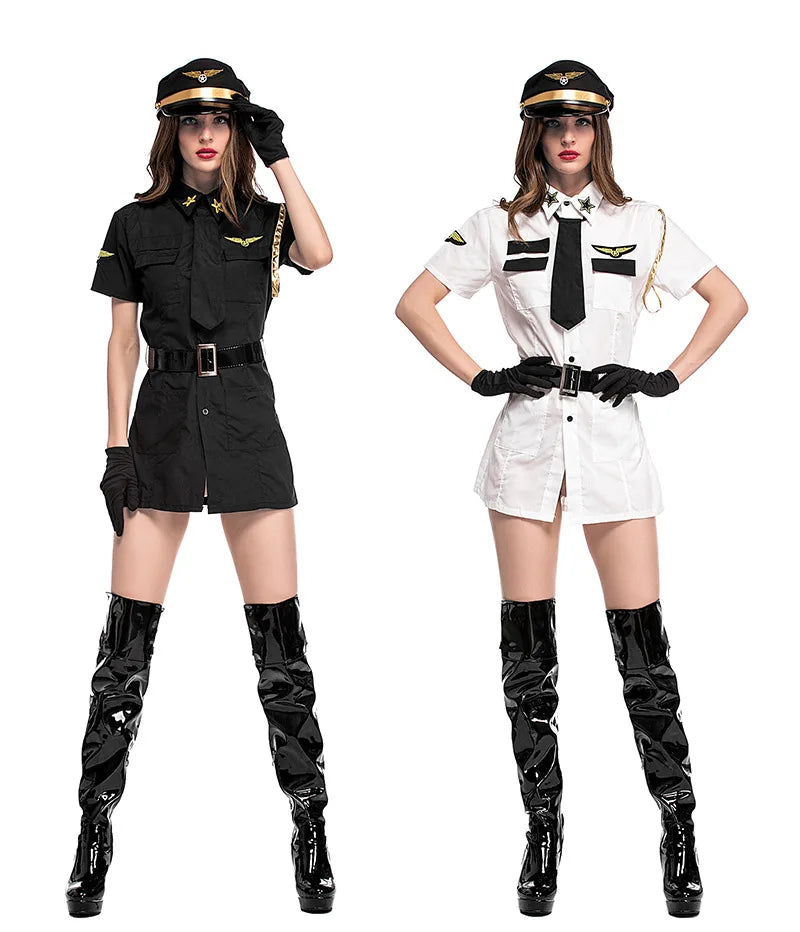 Black White Sexy Women Pilot Costumes Fancy Uniform Stewardess Cosplay Suit Carnival Masquerade Nightclub Role Play Dress