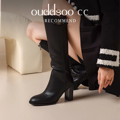 Ods Soft Cow Leather Black Knee High Boots Chunky Mid Heels Zipper Women's Long Boot Big Size Luxury Designer Sexy Shoes 4143 46
